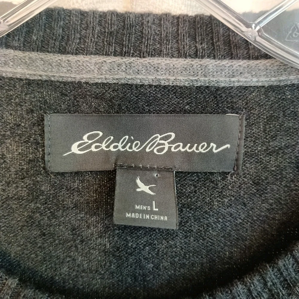 Eddie Bauer Men's L Merino Wool Navy Gray Crew Neck Sweater Waffle Front Ski - Picture 3 of 7